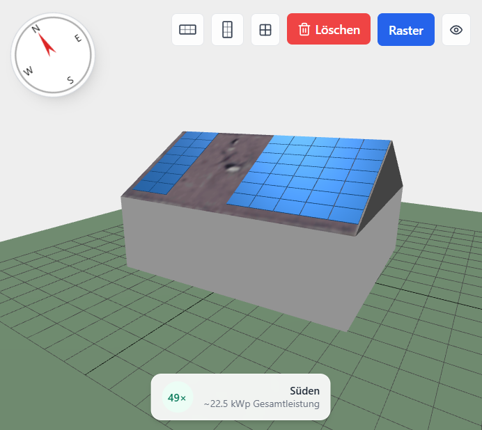 Beispiel eines Dachplans mit Modullayout und 3D-Visualisierung